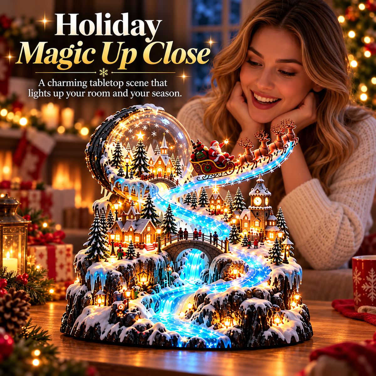 Santa's Sleigh Christmas Village Display – Lighted Snow Globe & Winter Waterfall Tabletop Decor