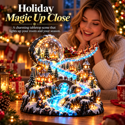 Santa's Sleigh Christmas Village Display – Lighted Snow Globe & Winter Waterfall Tabletop Decor