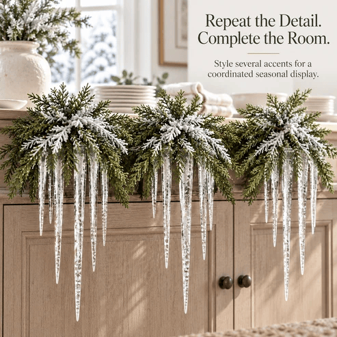Snow-Frosted Cedar & Icicle Hanging Accent