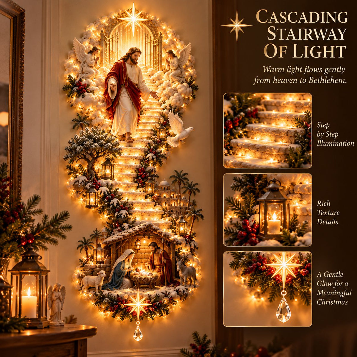 ✝️✨Jesus Light of Heaven Christmas Wall Hanging – Illuminated Nativity Scene Stairway & Holiday Wall Decor