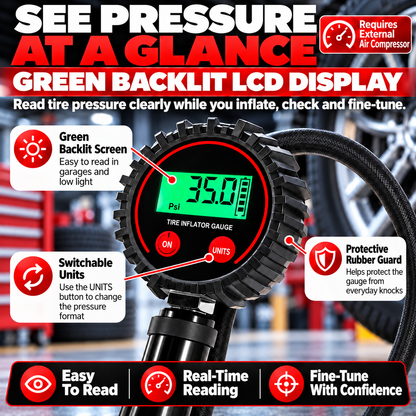 🚗 200 PSI Digital Tire Inflator Gauge – 3-in-1 Air Chuck, Pressure Gauge & Bleeder