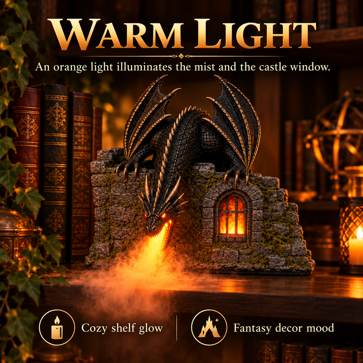Dragon Castle Mist Humidifier – Glowing Flame Effect, Illuminated Castle Window & 6-Hour Mist Display
