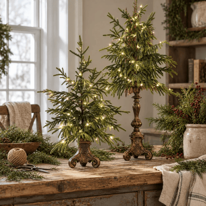 Vintage Lighted Norfolk Pine Trees – Warm White LED Christmas Tabletop Decor, 12″ & 18″