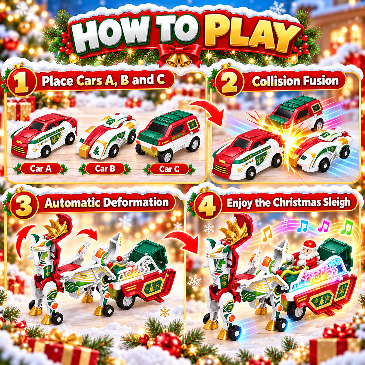 🔥Last day 50% OFF-3-in-1 Magnetic Christmas Transforming Car Toy Set with Santa Sleigh, Lights & Music