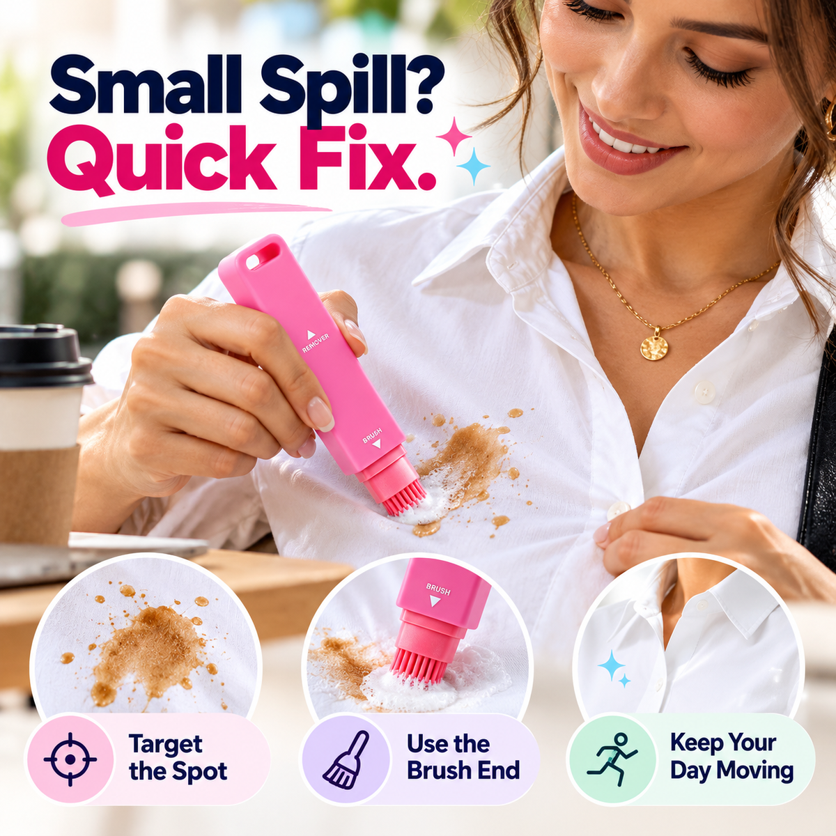 Woman using pink stain remover pen on white shirt