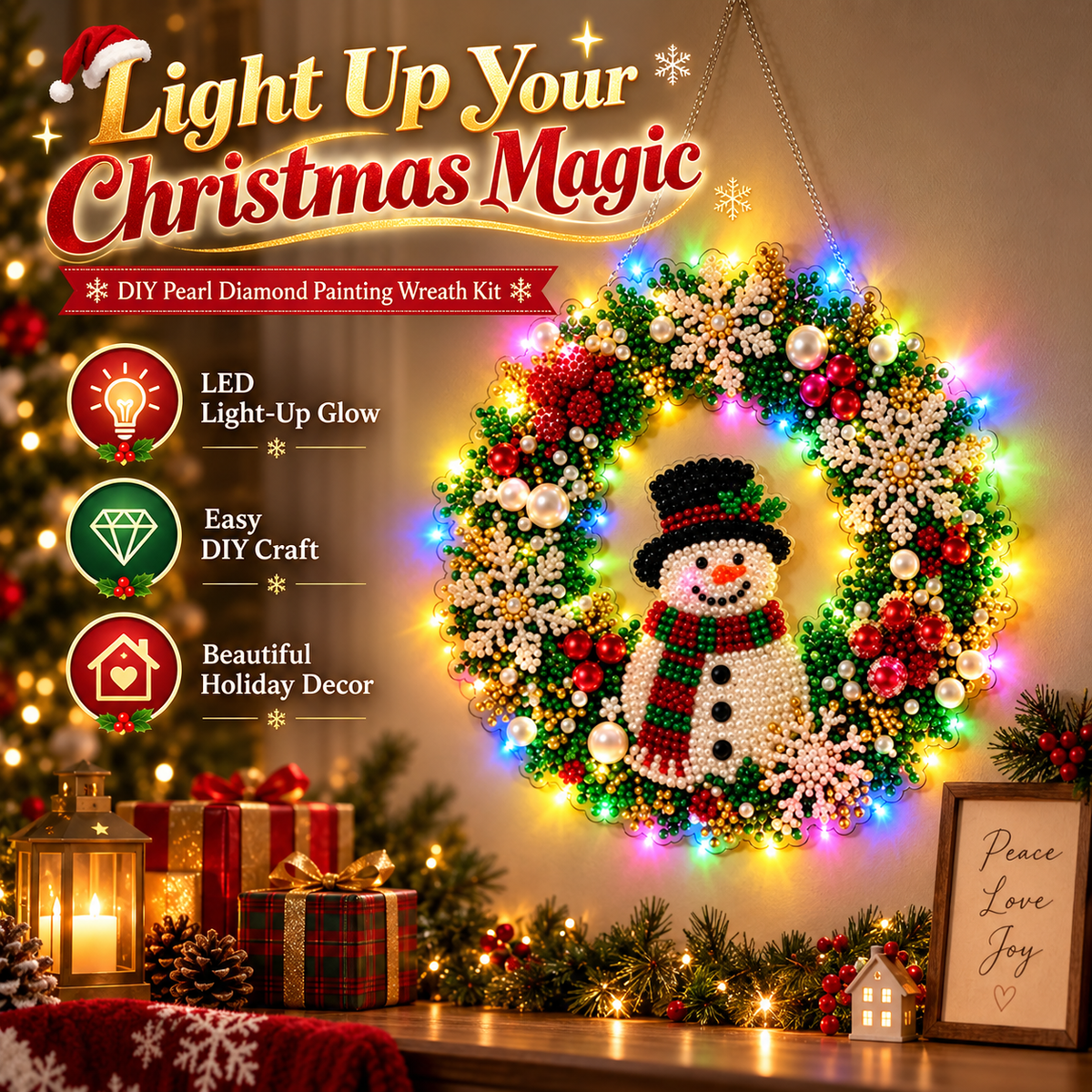 Hot Sale⛄Christmas Pearl Diamond Painting Pendant Kit with LED String Lights