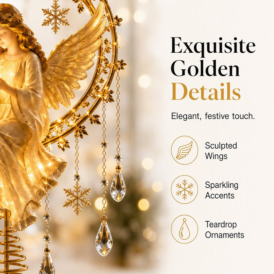 Close-up of angel wings and dangling crystal-look ornaments