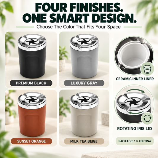 🚬Rotating-Lid Car Ashtray with Ceramic Liner – Cup Holder Design