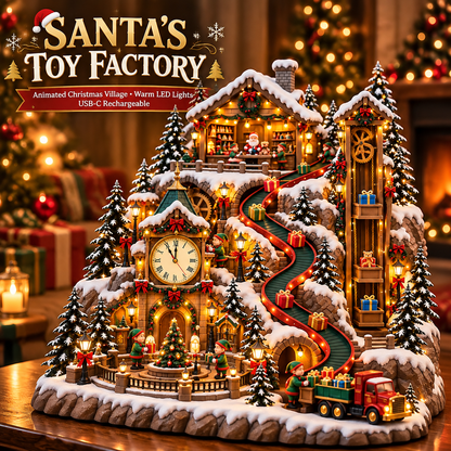 Animated Christmas Toy Factory Village with Moving Clock & Gift Conveyor, USB-C Rechargeable Lighted Holiday Centerpiece