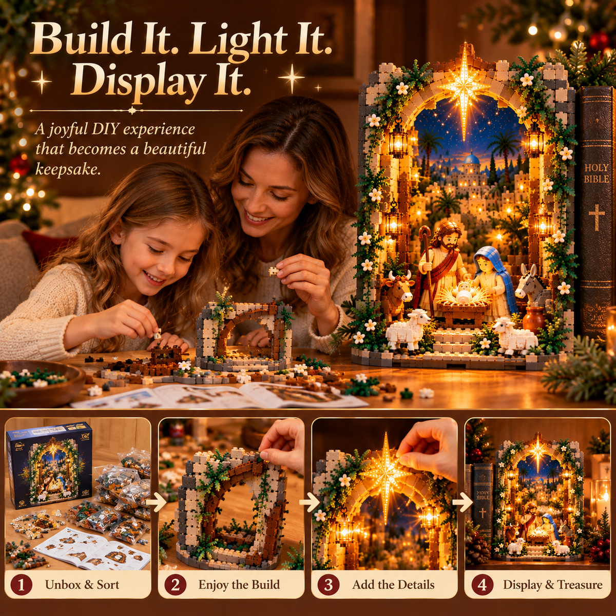 📖✨✝️ Lighted Bethlehem Nativity Book Nook – Christmas Building Block Display of Faith 🎄