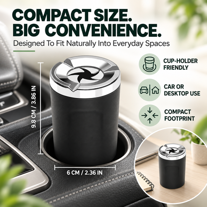 🚬Rotating-Lid Car Ashtray with Ceramic Liner – Cup Holder Design