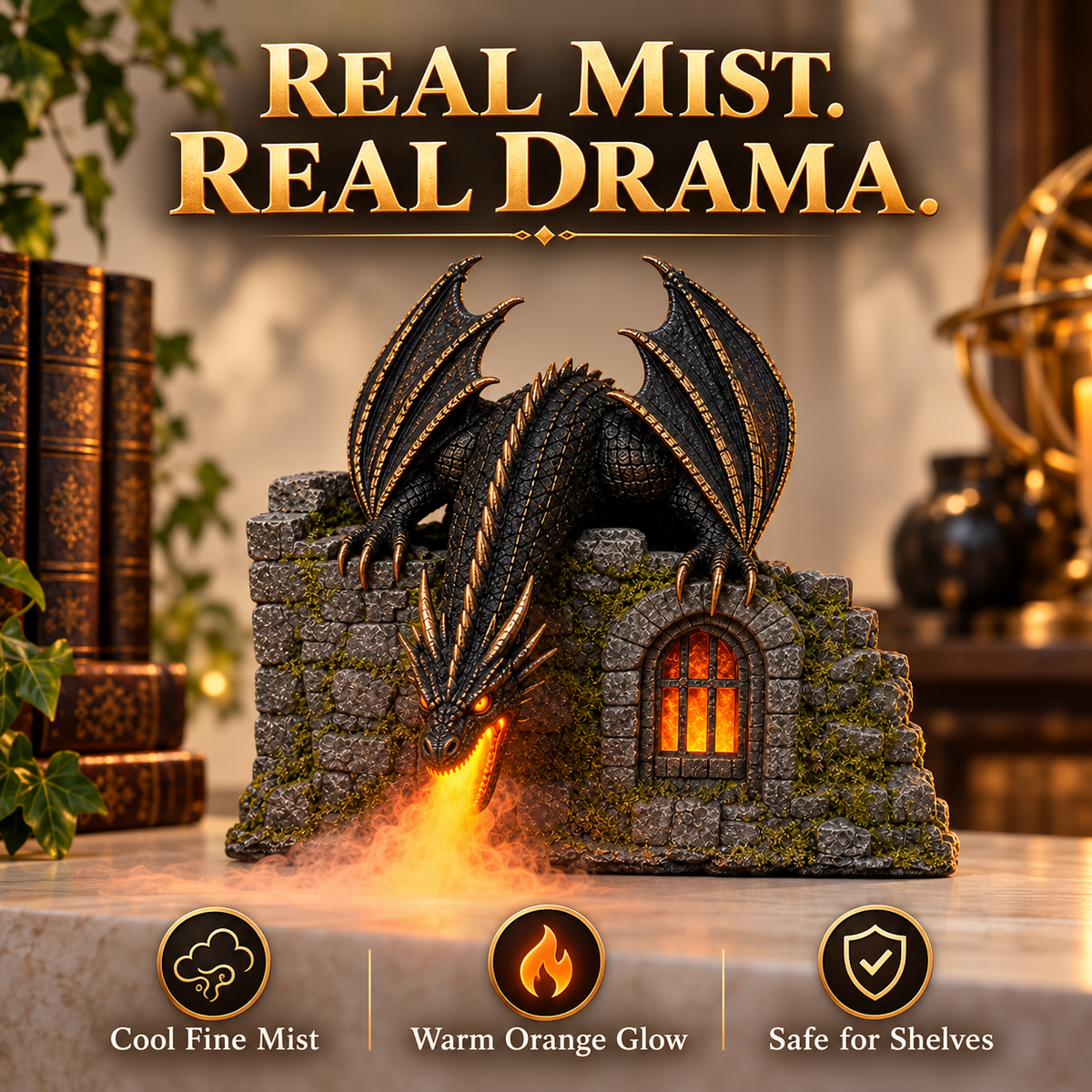 Dragon Castle Mist Humidifier – Glowing Flame Effect, Illuminated Castle Window & 6-Hour Mist Display