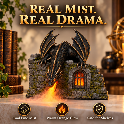 Dragon Castle Mist Humidifier – Glowing Flame Effect, Illuminated Castle Window & 6-Hour Mist Display