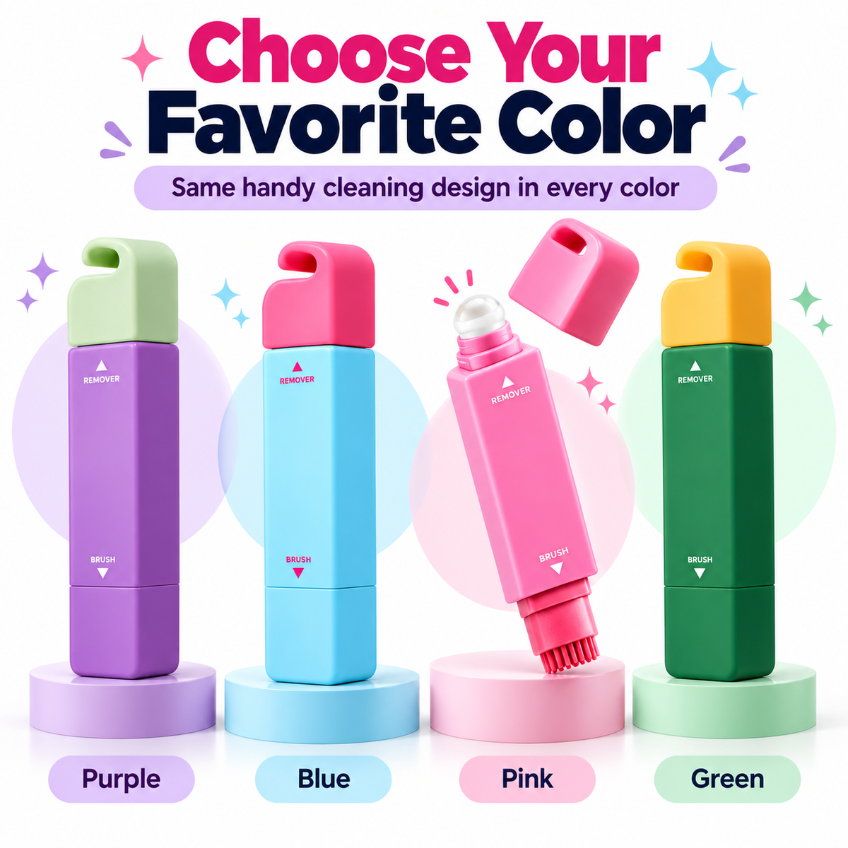 Purple blue pink and green stain remover pens