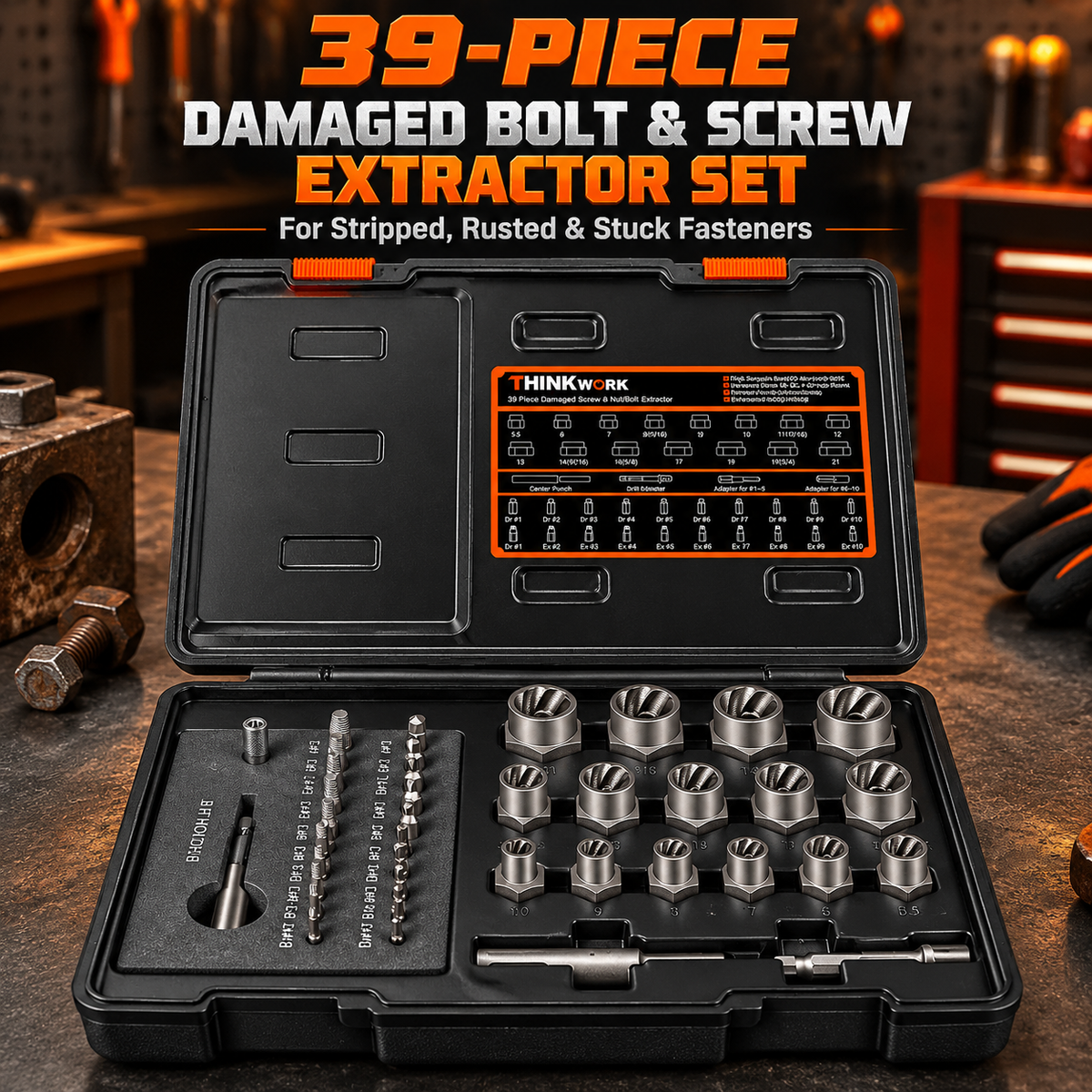 39-Piece Damaged Screw & Bolt Extractor Set – Impact Nut Remover Kit with Drill Bits & Storage Case