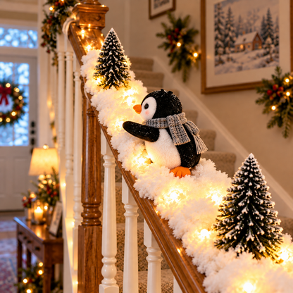 Playful Penguin Snowy Stair Railing Decor