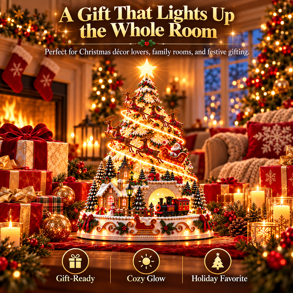 🏆 60,000+ Sold - 🎄Santa Express Christmas Village Lightscape Tree – 3D Lighted Village Centerpiece with Room-Filling Projection