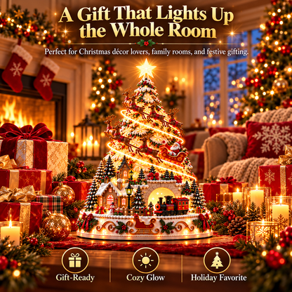 🏆 60,000+ Sold - 🎄Santa Express Christmas Village Lightscape Tree – 3D Lighted Village Centerpiece with Room-Filling Projection