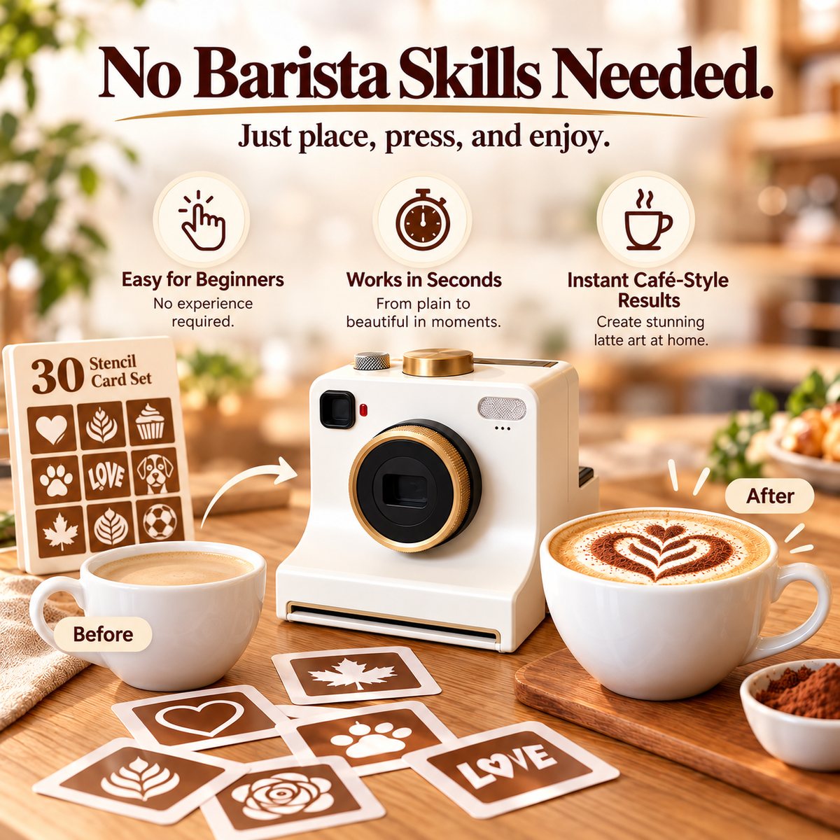 Rechargeable Coffee Art Printer – 30-Design Latte Stencil Maker for Cappuccino, Matcha & Hot Chocolate