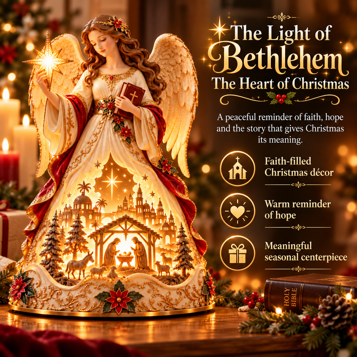 Lighted Christmas Angel Nativity Figurine – Bethlehem Star & Holy Family Tabletop Decor with Warm Golden Glow
