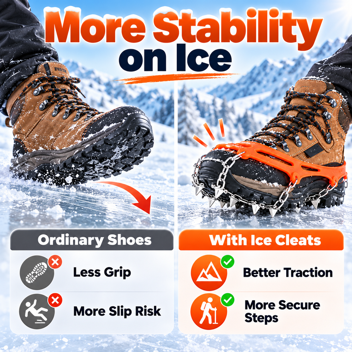 8-Spike Ice Cleats for Shoes & Boots – Stretch-Fit Anti-Slip Snow Grips for Winter Walking