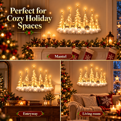 🌲 Lighted Winter Woodland Forest Wall Decor – Warm LED Christmas Tree, Deer & Cottage Scene