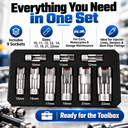 9-Piece Injector & Sensor Line Socket Set – 10–22mm Open-Side Cr-V Sockets, 3/8" & 1/2" Drive