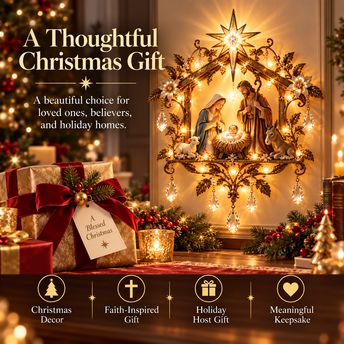 Bethlehem Nativity Glow Lighted Wall Decor – 3D Holy Family Christmas Wall Art with Warm Star Glow