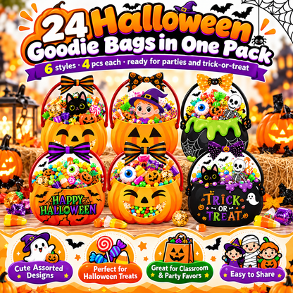 24-Pack Halloween Trick or Treat Goodie Bags – 6 Assorted Pumpkin, Witch, Skeleton & Black Cat Designs