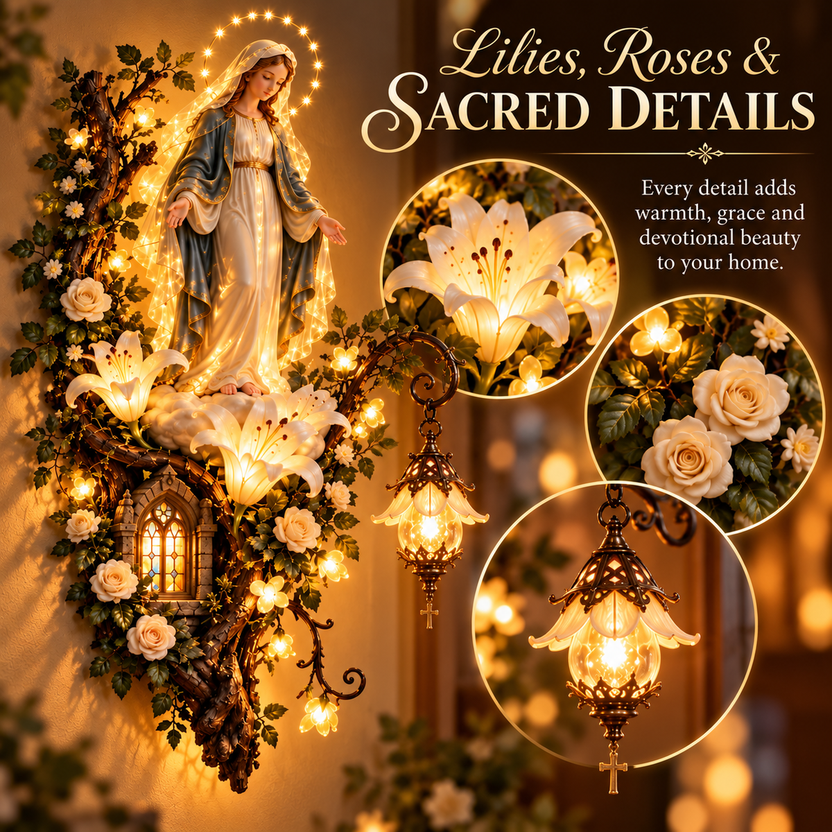 Blessed Mother Lighted Wall Décor – Virgin Mary 3D Religious Wall Art with Warm Ambient Glow & Floral Details