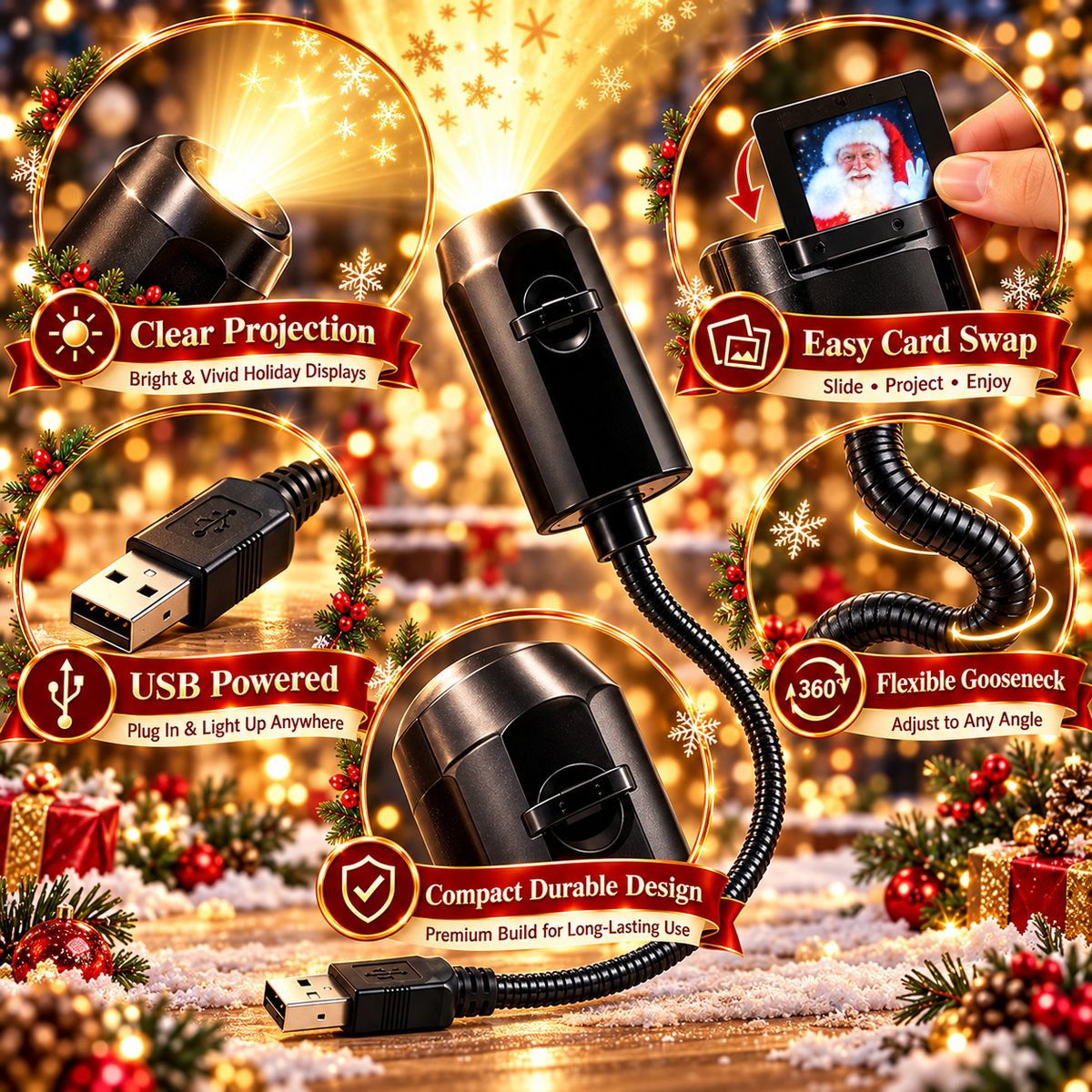 20-Pattern Christmas Car Window Projector – USB Powered Holiday Light with 360° Flexible Neck