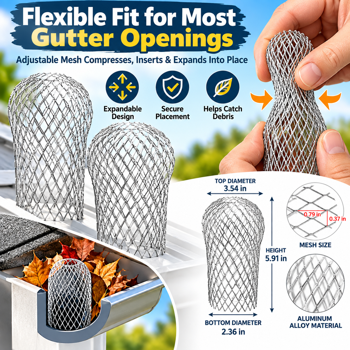 2-Pack Aluminum Gutter Downspout Guards – Adjustable Leaf & Debris Strainer for Rain Gutters