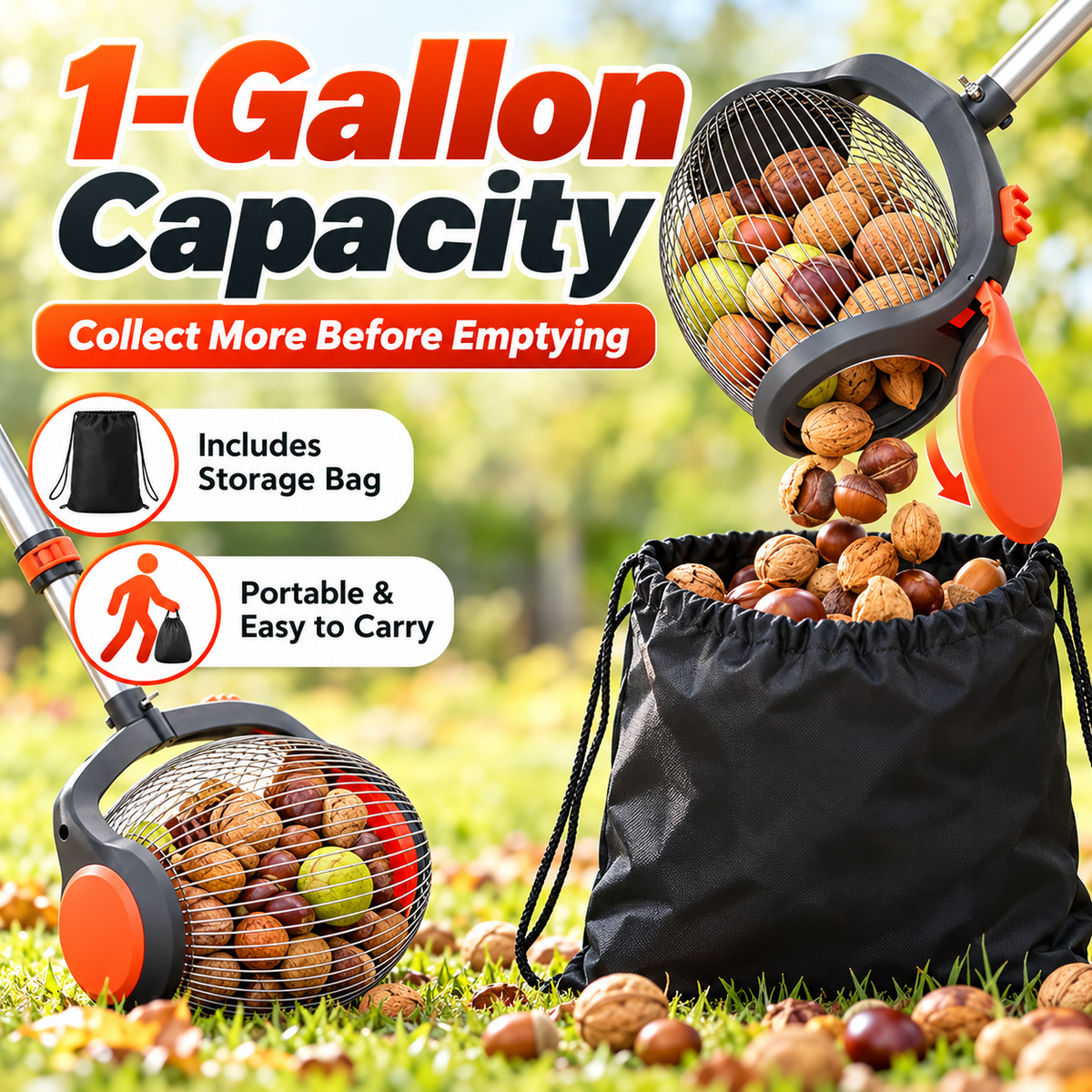 Telescopic Nut Gatherer Roller – Foot-Release Walnut & Acorn Picker with Side-Opening Basket