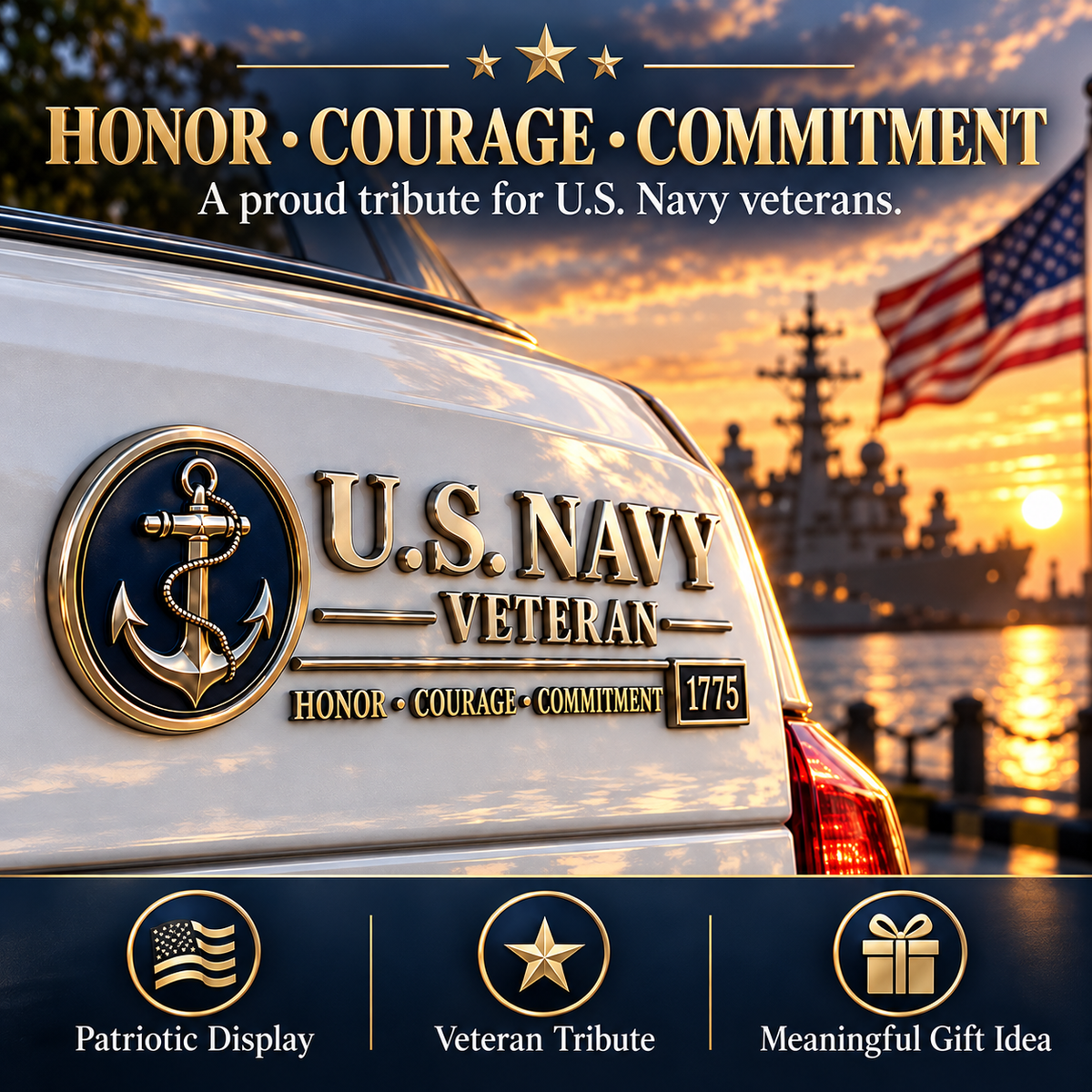 U.S. Navy Veteran Metal Car Emblem – 3D Adhesive Badge, No-Drill Military-Inspired Car & Truck Decoration