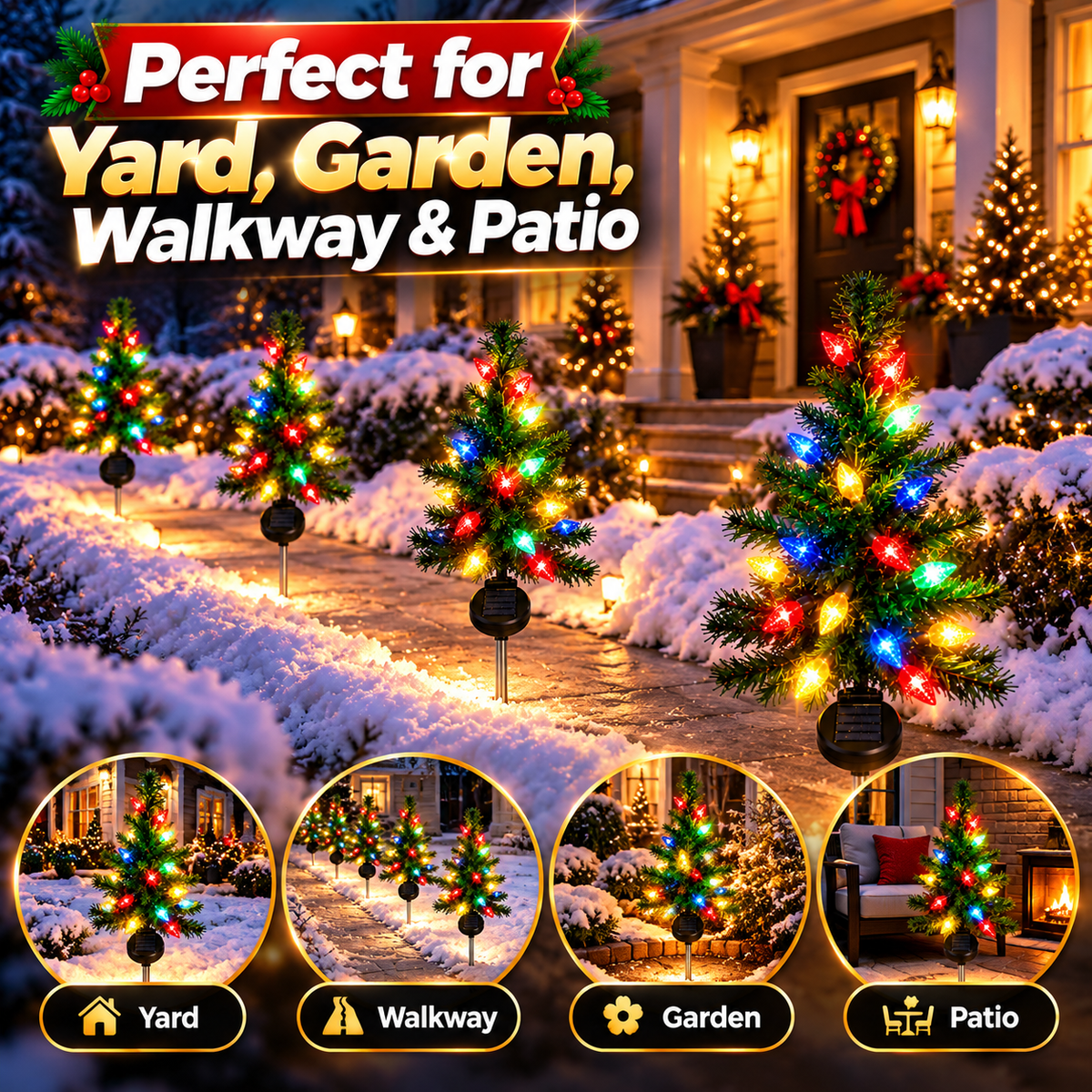 4-Pack Solar Christmas Tree Pathway Lights – 27.6" Pre-Lit Multicolor Outdoor Holiday Yard Stakes with Auto On/Off Sensor