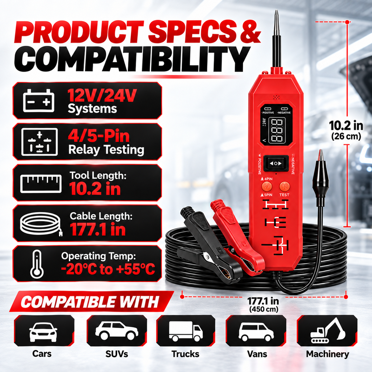Automotive Circuit & Relay Tester – 12V/24V Electrical Diagnostic Power Probe with Voltage, Polarity, Continuity & Short-Circuit Testing
