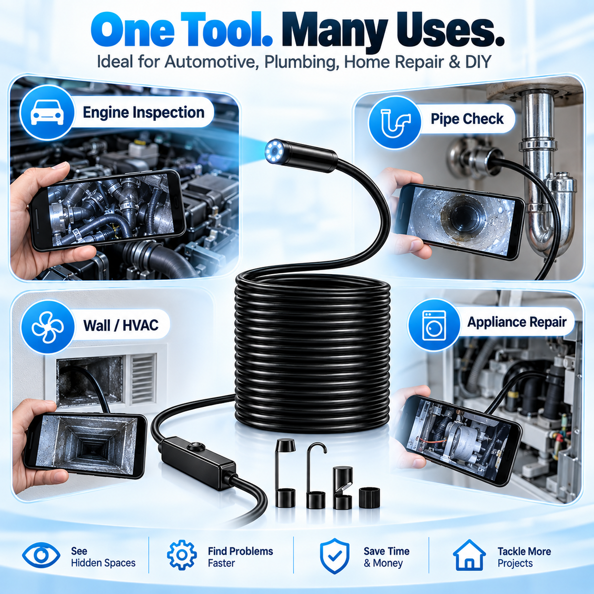 1920×1440 HD Endoscope Camera – 11.48FT Semi-Rigid Borescope with 8 LED Lights for iPhone & Android