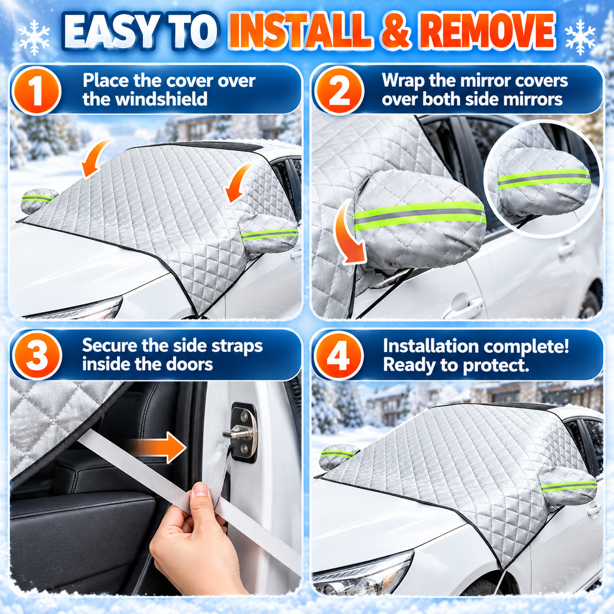 4-Layer Car Windshield Snow Cover – 63" × 46" Waterproof Frost & Ice Protector with Side Mirror Covers