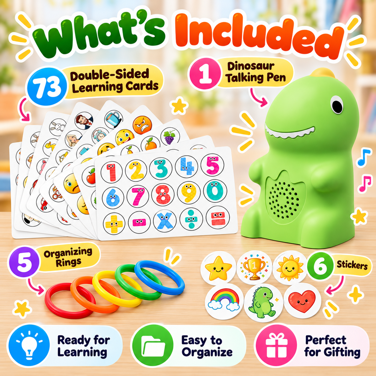 Dinosaur Talking Learning Pen with Phonics Cards – Screen-Free ABC, 123, Sight Words & Vocabulary Learning Toy for Kids
