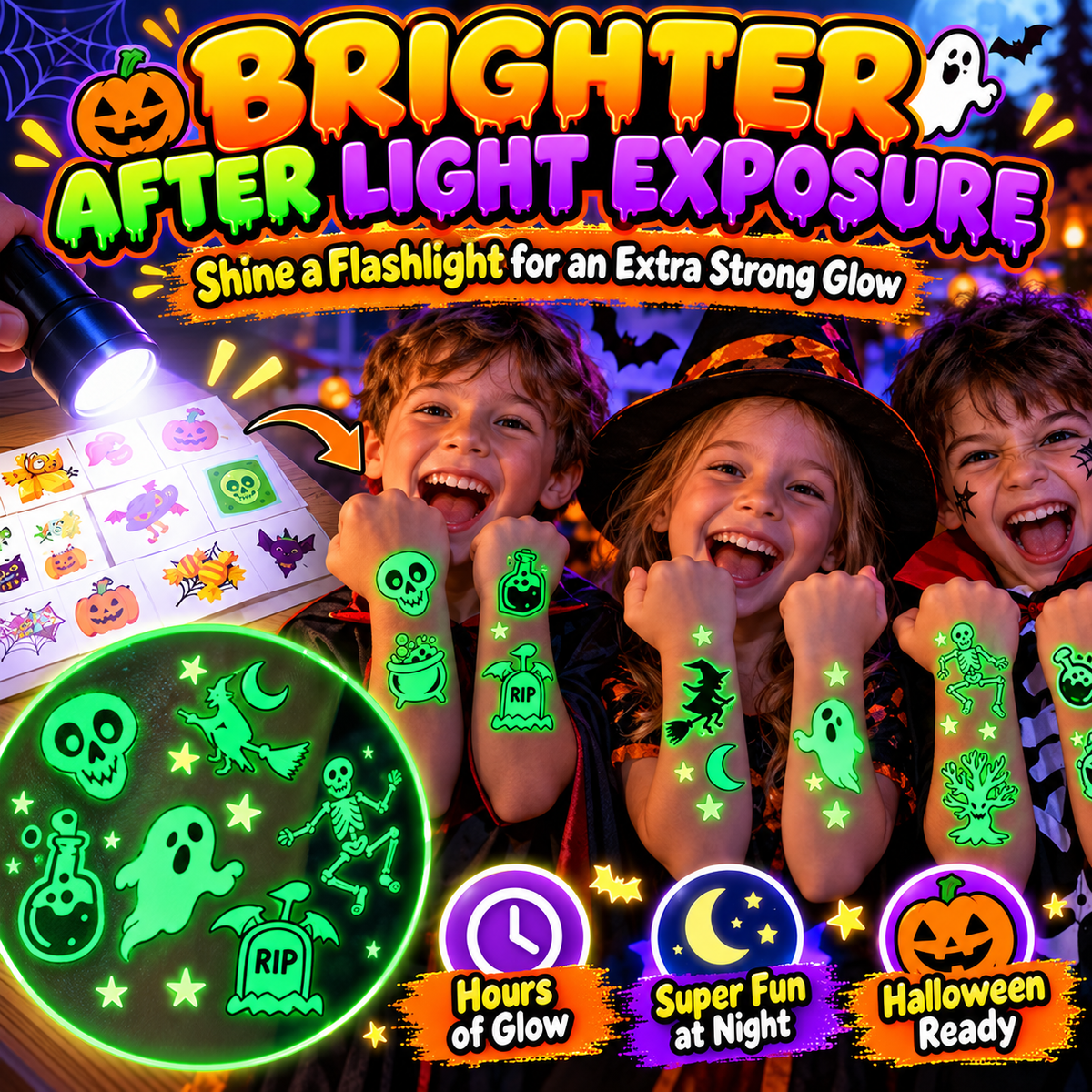 Glow-in-the-Dark Halloween Temporary Tattoos for Kids