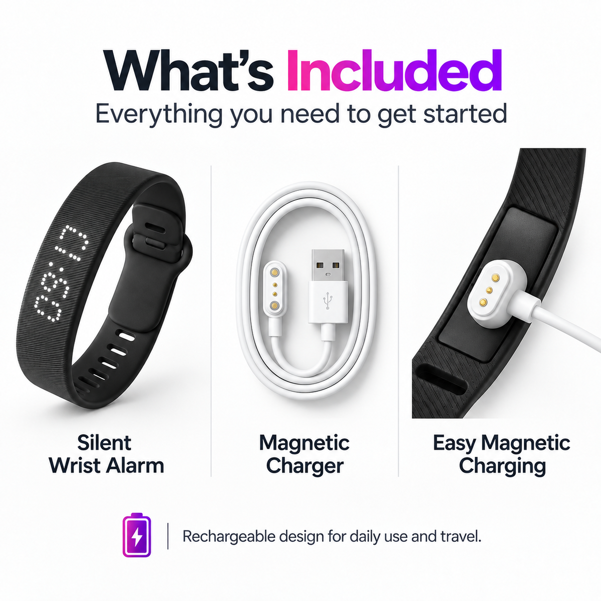 Silent Vibration Wrist Alarm – Wearable Wake-Up Alarm with 2 Vibration Levels, 3 Alarms & 14+ Day Battery
