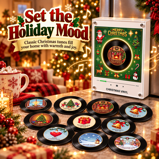 Christmas Vinyl Fridge Music Player – Magnetic Holiday Speaker with 9 Song Discs