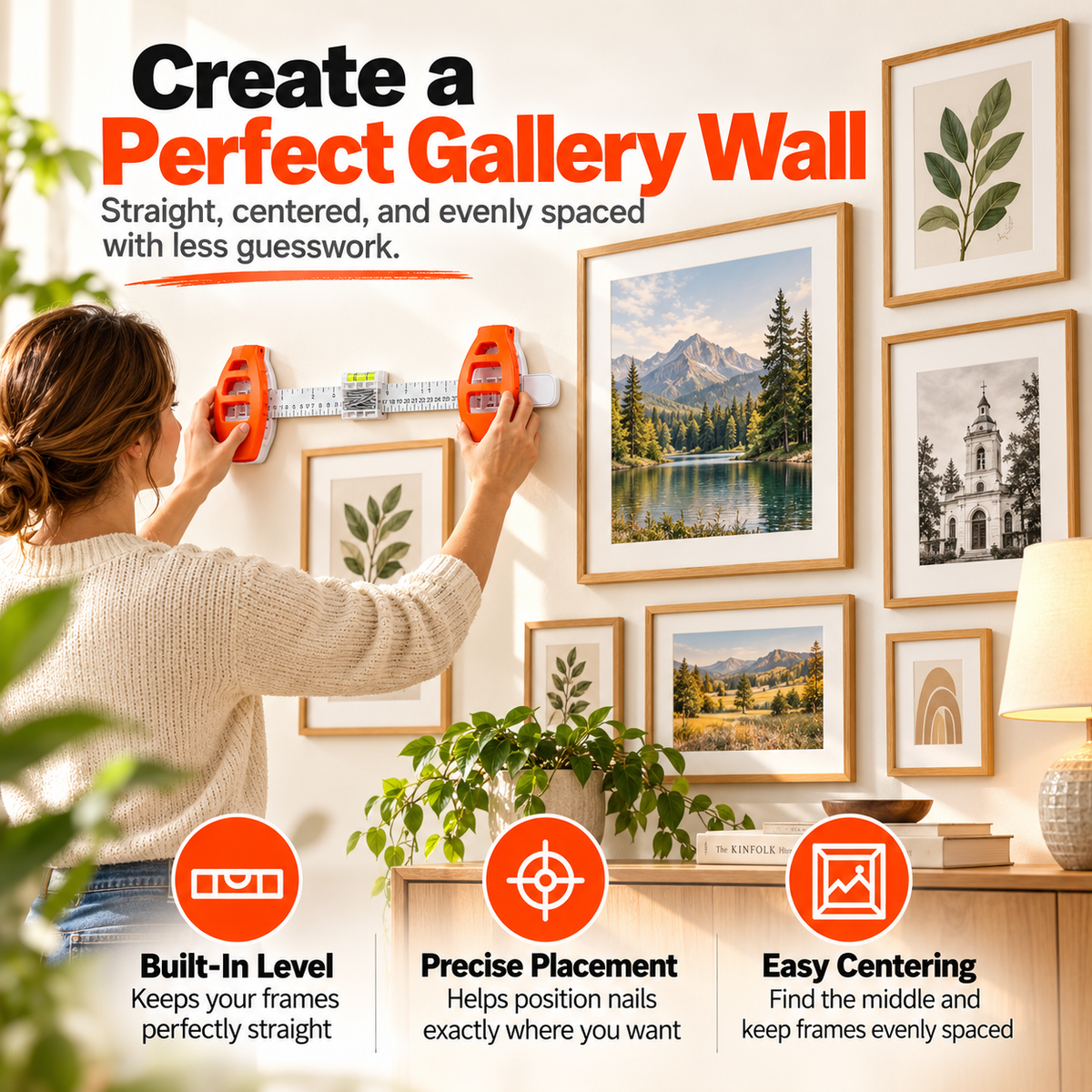 All-in-One Picture Hanging Tool with Level & Ruler – Dual Nail Positioning Frame Alignment Guide