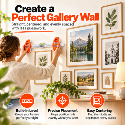 All-in-One Picture Hanging Tool with Level & Ruler – Dual Nail Positioning Frame Alignment Guide