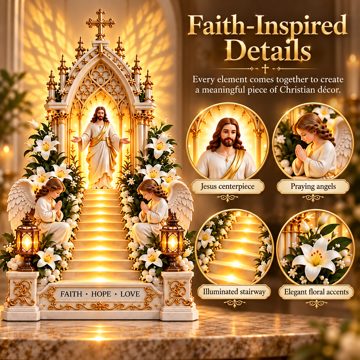 Jesus Stairway Angel Wing Projection Light – Faith Hope Love Illuminated Christian Tabletop Decor
