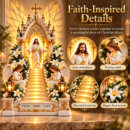 Jesus Stairway Angel Wing Projection Light – Faith Hope Love Illuminated Christian Tabletop Decor