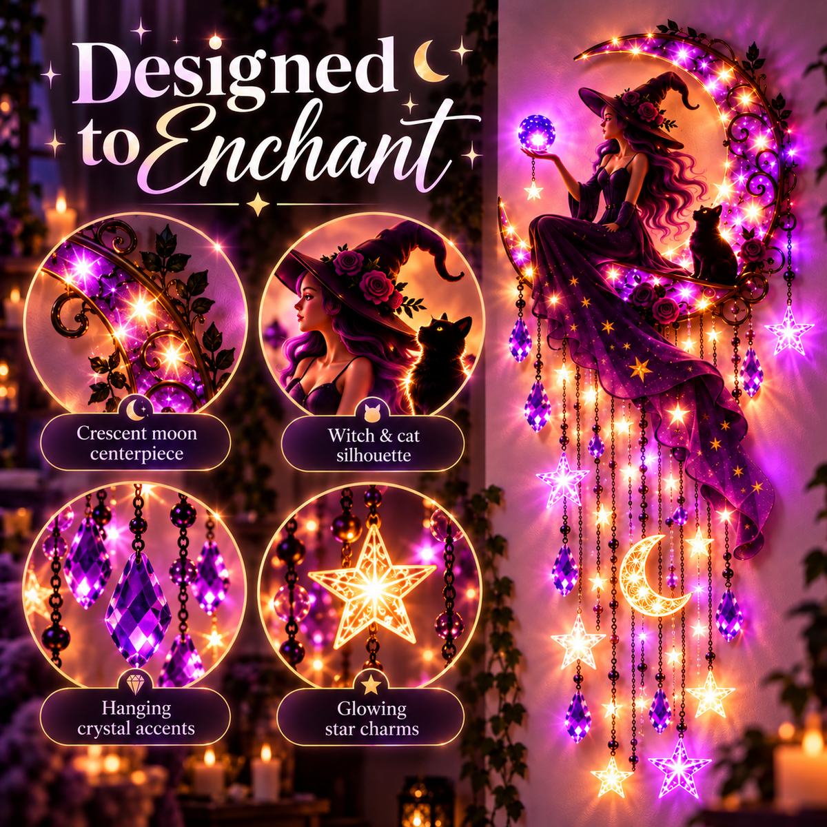Witch Moon Starfall Wall Light – Purple Celestial Witch Decor with Crescent Moon, Stars & Crystal Accents
