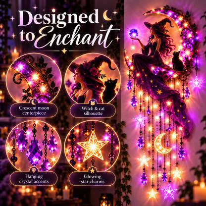 Witch Moon Starfall Wall Light – Purple Celestial Witch Decor with Crescent Moon, Stars & Crystal Accents