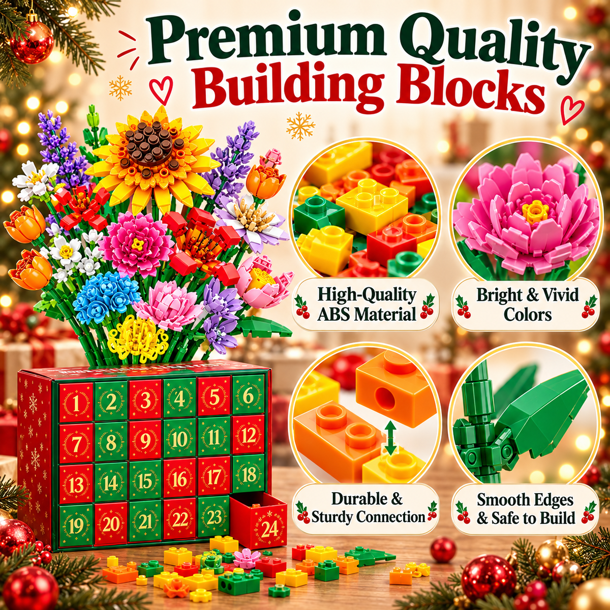 24-Day Flower Bouquet Building Blocks Advent Calendar – 24 Different Flowers Christmas Countdown Building Set