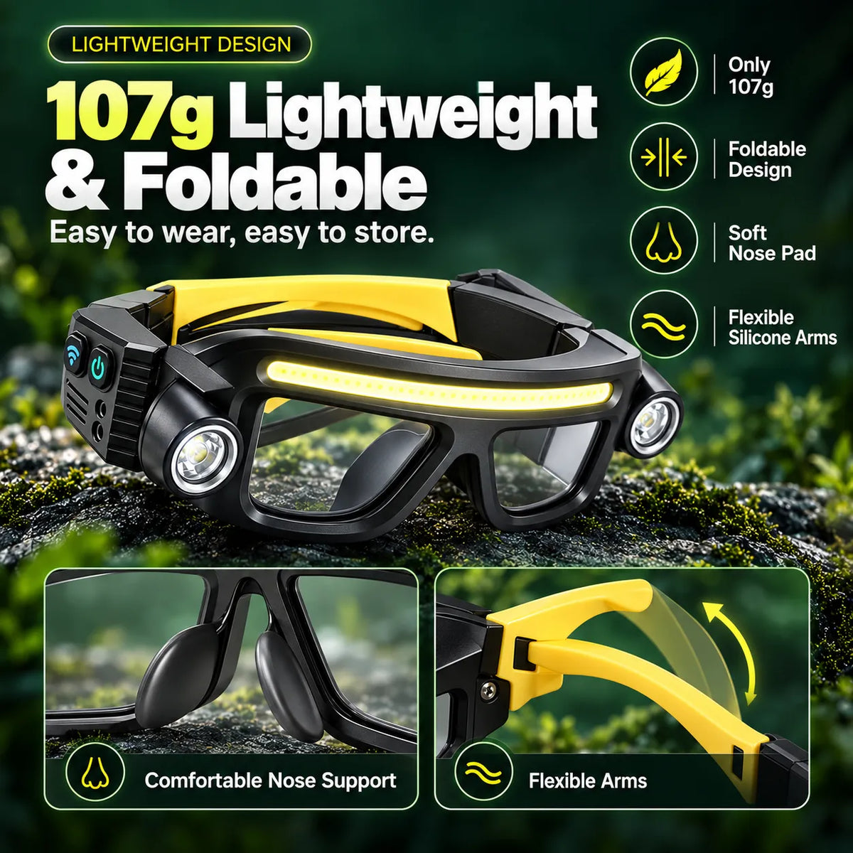 👓🔦 Rechargeable LED Light Glasses with 5 Modes & Wave Sensor